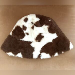 Cow Print Brown & White Faux Fur Bucket Hat NWOT OS